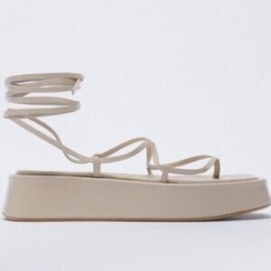 Zara Beige Strappy Tie Up Platform Leather Square Toe Sandals Women's Size 8 NWT